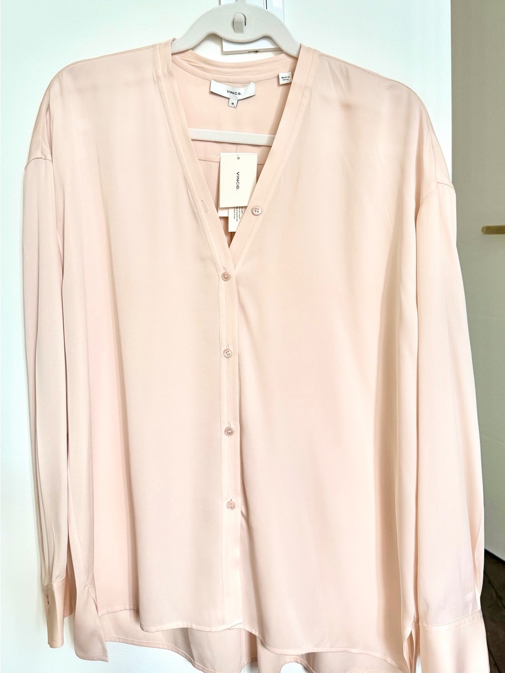 Vince Pale Blush Button-Front V-Neck Silk Shirt